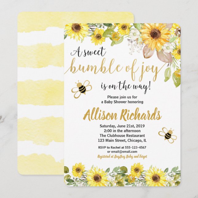 Invitation baby shower d'abeilles bumblebebe jaune neutre pou (Devant / Derrière)