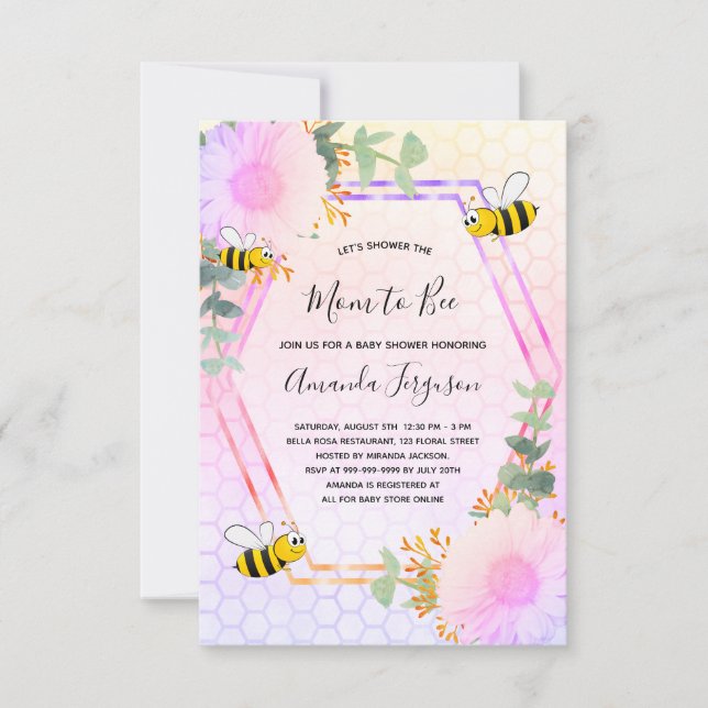 Invitation Baby shower d'abeilles fille fleurie verte maman à (Devant)