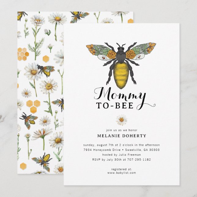 Invitation Baby shower d'abeilles | Fleur sauvage  (Devant / Derrière)
