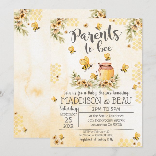 Invitation Baby shower d'abeilles Fleurs de soleil (Devant / Derrière)