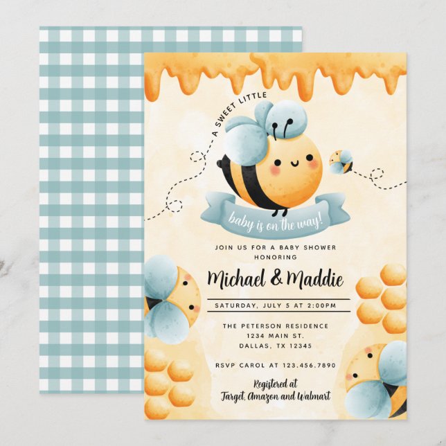 Invitation Baby shower d'abeilles miel (Devant / Derrière)