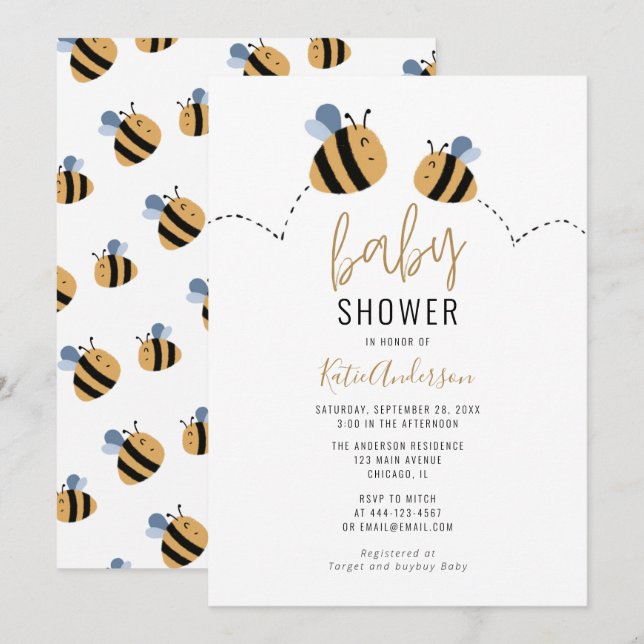 Invitation Baby shower d'abeilles mignonne (Devant / Derrière)