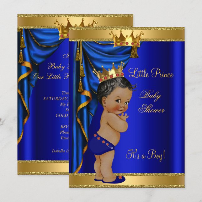 Invitation Baby shower d'Afrique Américaine Bleu Or Rouge (Devant / Derrière)