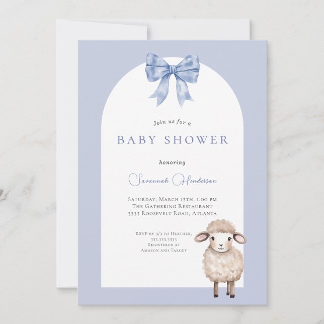 Invitation Baby shower d'agneau animal à mâchoires bleues (Devant)