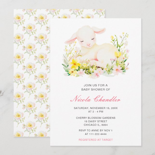 Invitation Baby shower d'agneau de printemps (Devant / Derrière)