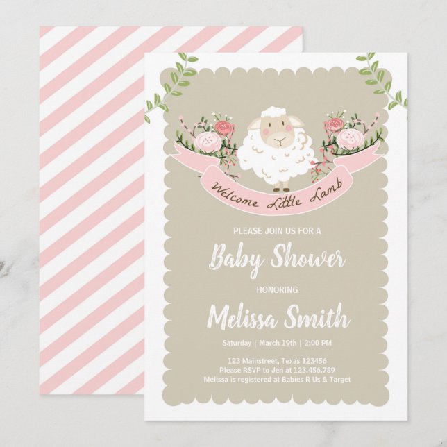 Invitation Baby shower d'agneau Fille Printemps ro (Devant / Derrière)