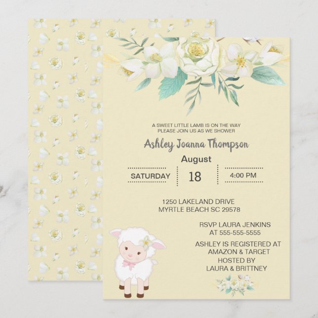 Invitation Baby shower d'agneau floral Neutre mignon Invitati (Devant / Derrière)