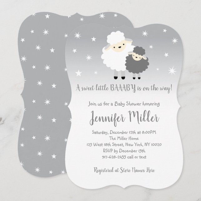 Invitation Baby shower d'agneau gris et blanc (Devant / Derrière)