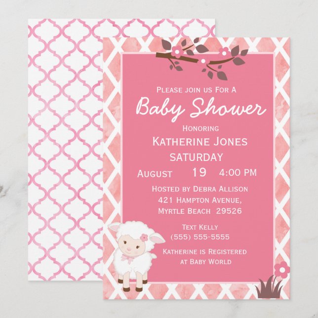 Invitation Baby shower d'agneau rose floral (Devant / Derrière)
