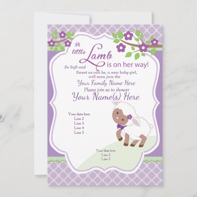 Invitation Baby shower d'agneau vert violet lavande Invitatio (Devant)
