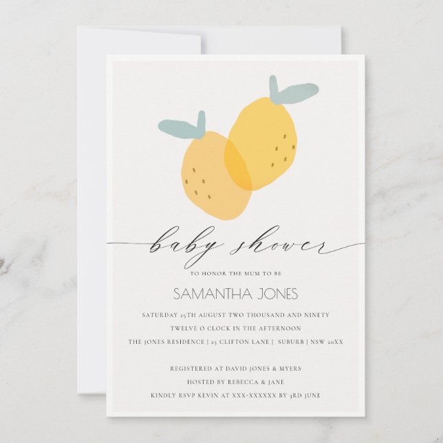 Invitation Baby shower d'agrumes de citron jaune mignon (Devant)