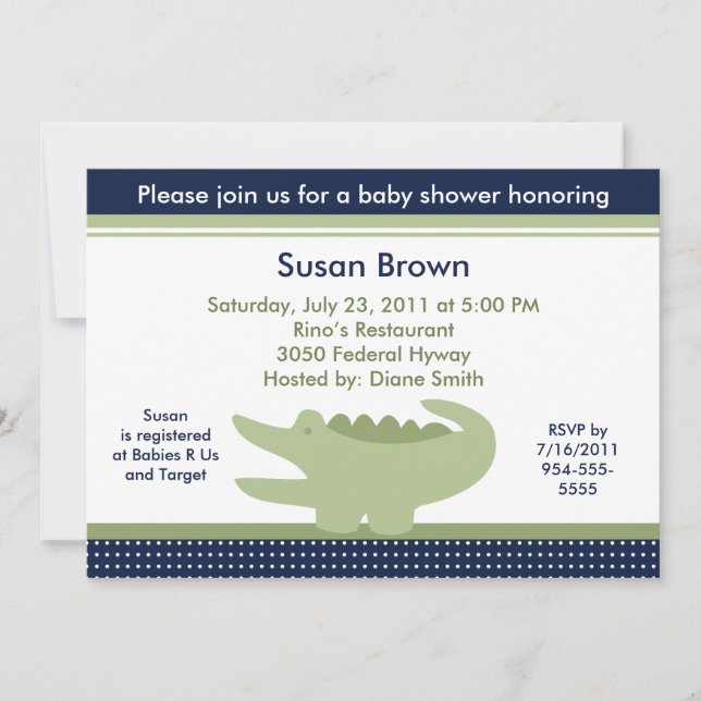 Invitation Baby shower d'alligator mignonne (Devant)