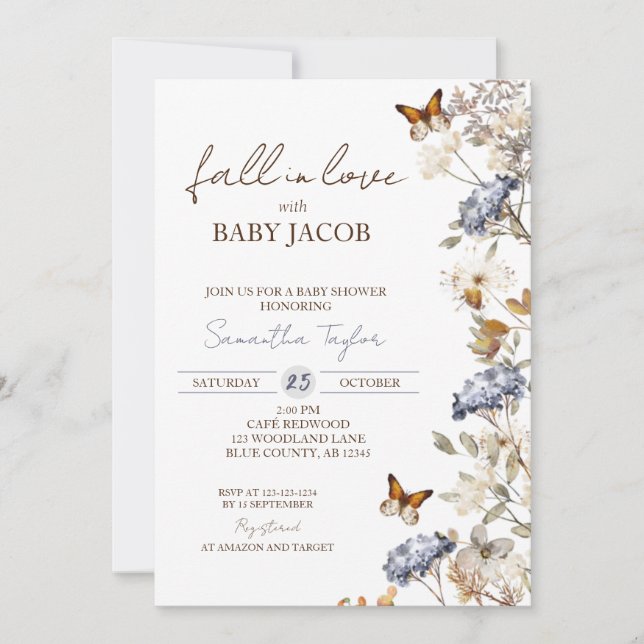 Invitation Baby shower d'amour, Feuillage d'automne, Bleu (Devant)