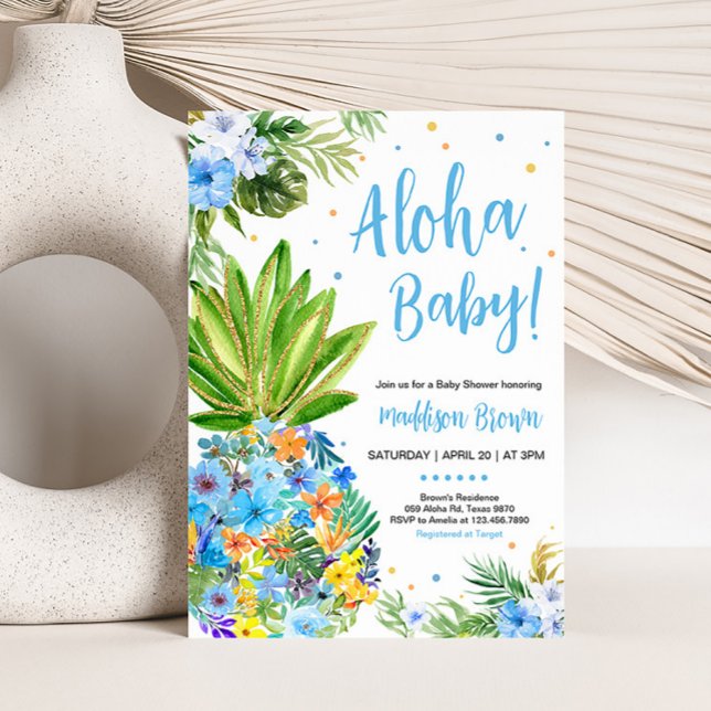 Invitation Baby shower d'ananas bleu floral (Blue Gold Pineapple Baby Shower Invitation)