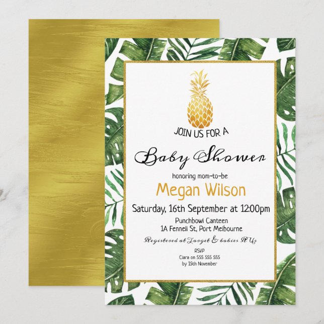 Invitation Baby shower d'ananas tropicale (Devant / Derrière)