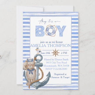 Invitation Baby shower d'ancrage de l'ours nautique bleu aqua