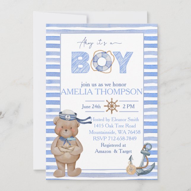 Invitation Baby shower d'ancrage de l'ours nautique bleu aqua (Devant)