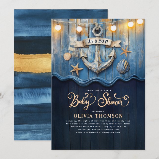 Invitation Baby shower d'Ancre bleu et or de la marine nautiq (Devant / Derrière)