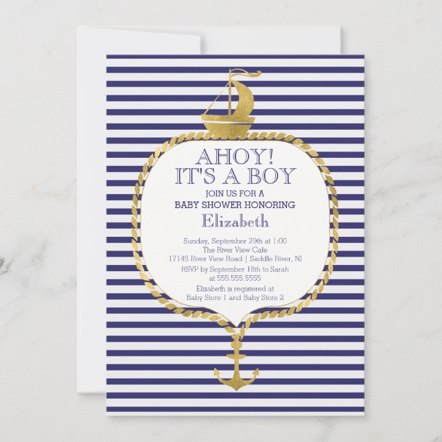 Invitation Baby shower d'Ancre d'or à bande marine moderne (Devant)
