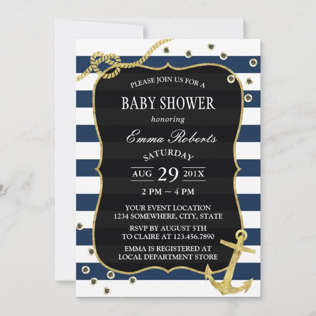 Invitation Baby shower d'Ancre d'or de la marine nautique (Devant)