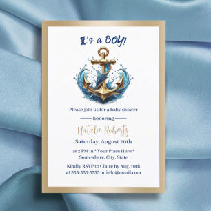 Invitation Baby shower d'Ancre d'or moderne pour garçons naut