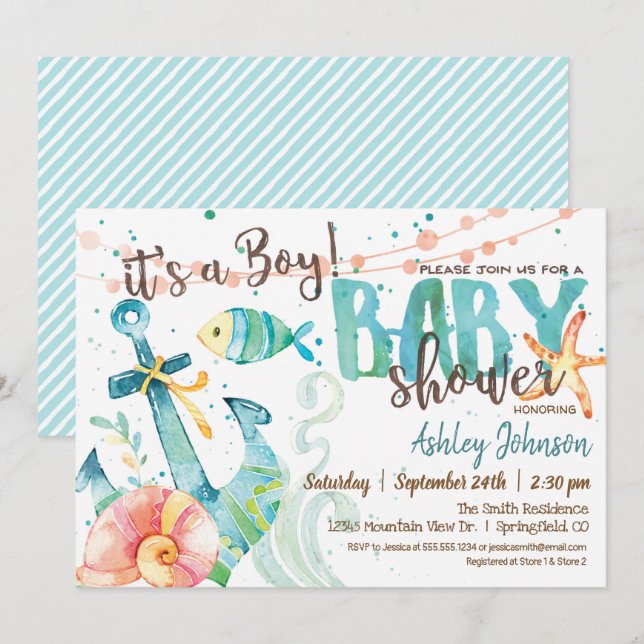 Invitation Baby shower d'Ancres nautiques, Boy (Devant / Derrière)