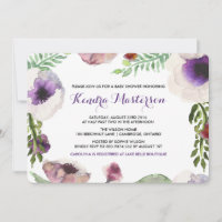 Invitation Baby shower d'anémone à l'aquarelle vio
