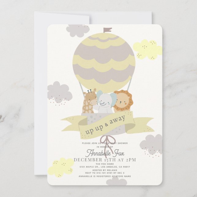 Invitation Baby shower d'animaux à ballon à air chaud jaune (Devant)