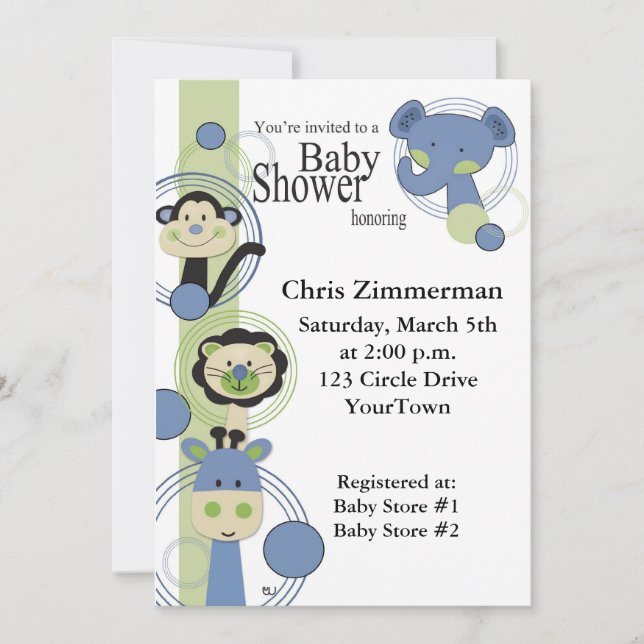 Invitation Baby shower d'animaux bleus et verts pour les garç (Devant)