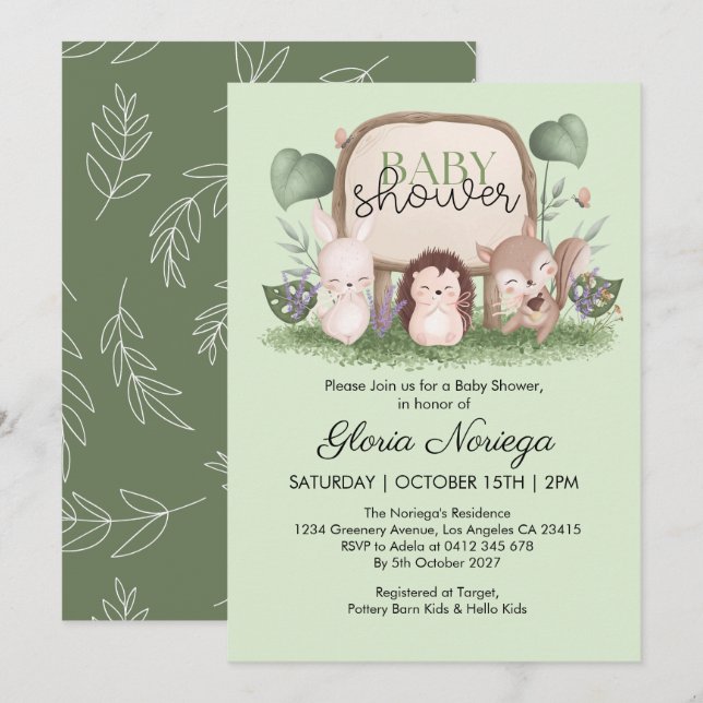 Invitation Baby shower d'animaux de bois de verdure moderne (Devant / Derrière)