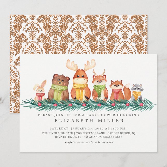 Invitation Baby shower d'animaux de bois doux d'hiver (Devant / Derrière)