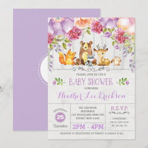 Invitation Baby shower d'animaux de bois floraux violets Invi