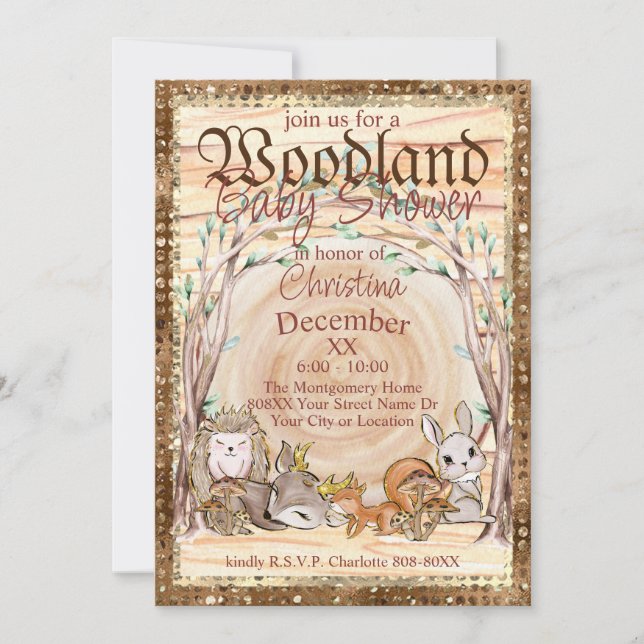 Invitation Baby shower d'animaux de bois glamour (Devant)