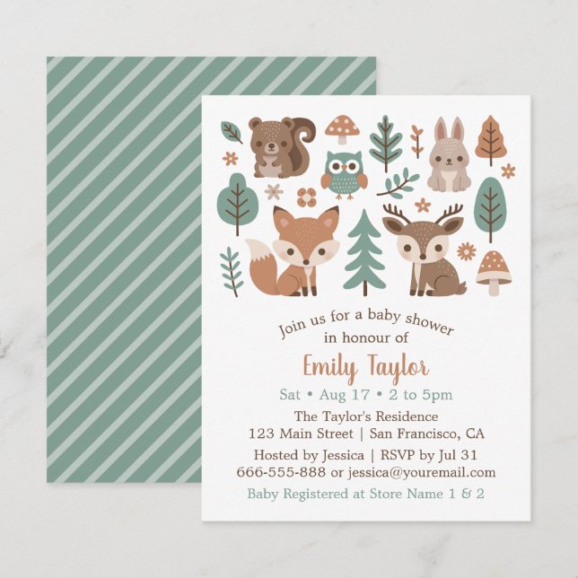 Invitation Baby shower d'animaux de bois rustiques mignons (Devant / Derrière)