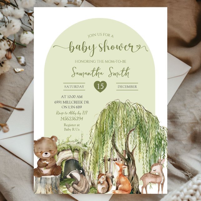 Invitation Baby shower d'animaux de bois vert Sage (Créateur téléchargé)