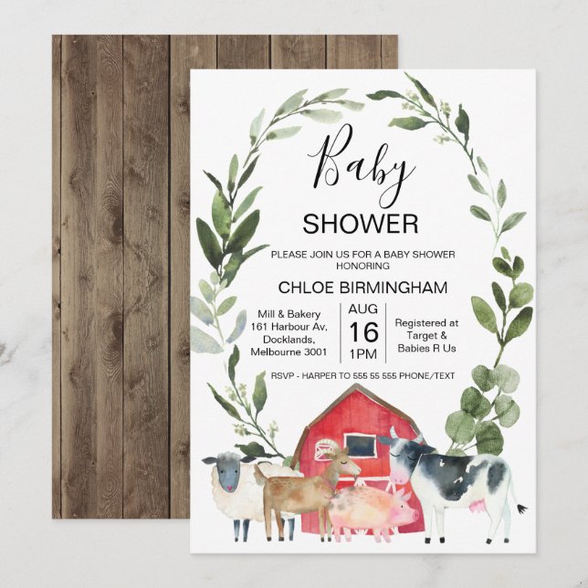 Invitation Baby shower d'animaux de ferme de la ferme Red Bar (Devant / Derrière)