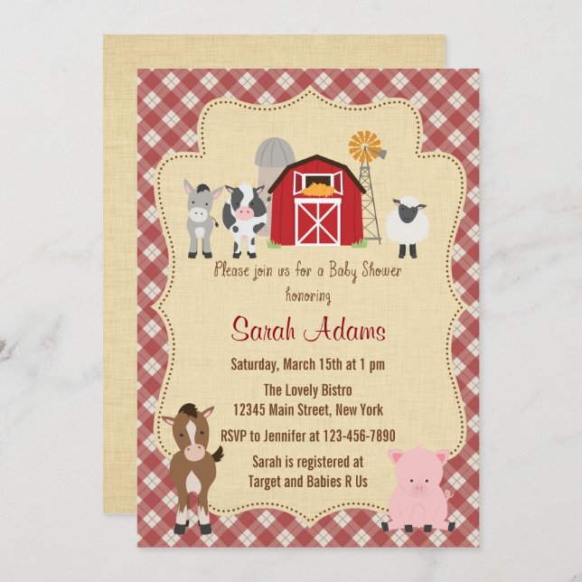 Invitation Baby shower d'animaux de ferme Rustique (Devant / Derrière)