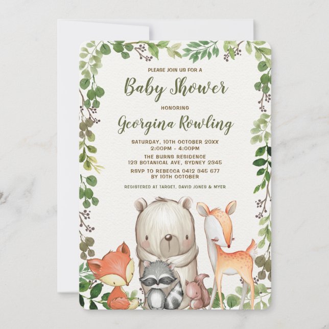 Invitation Baby shower d'animaux de forêt de région boisée de (Devant)