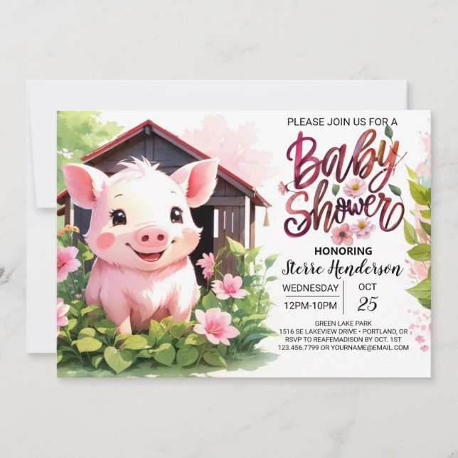 Invitation Baby shower d'animaux de la ferme de cochons flora (Devant)