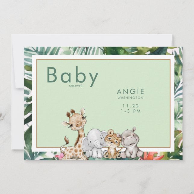 Invitation Baby shower d'animaux de la Jungle de Mint Foliage (Devant)