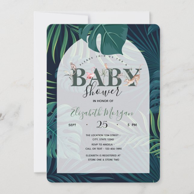 Invitation Baby shower d'animaux de la jungle Feuille de palm (Devant)
