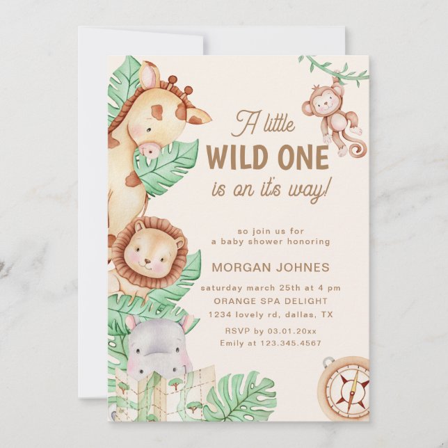 Invitation Baby shower d'animaux de la jungle mignonne (Devant)