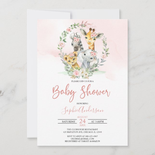Invitation Baby shower d'animaux de la Jungle rose Floral (Devant)