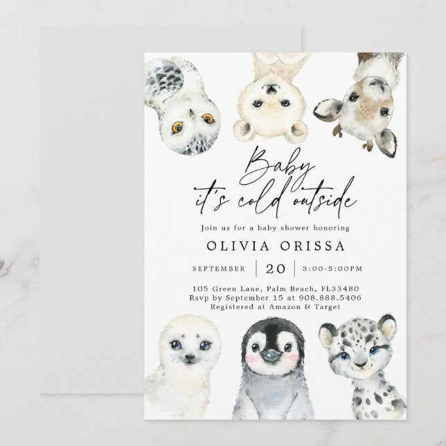 Invitation Baby shower d'animaux de l'Arctique (Devant / Derrière)