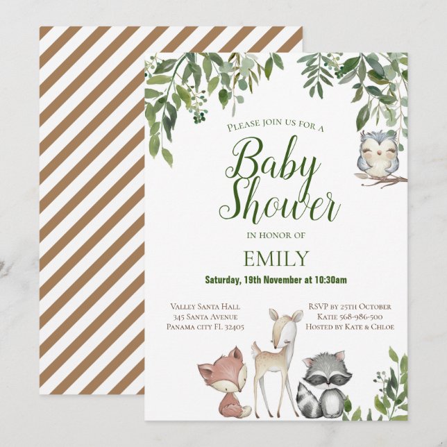 Invitation Baby shower d'animaux des bois de verdu (Devant / Derrière)