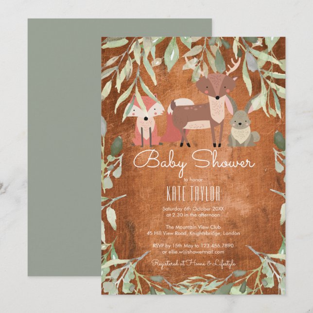 Invitation Baby shower d'animaux rustiques en bois / Saupoudr (Devant / Derrière)