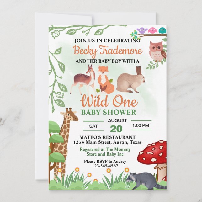 Invitation Baby shower d'animaux sauvages rustiques (Devant)