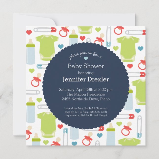 Invitation baby shower dans la Marine (Devant)