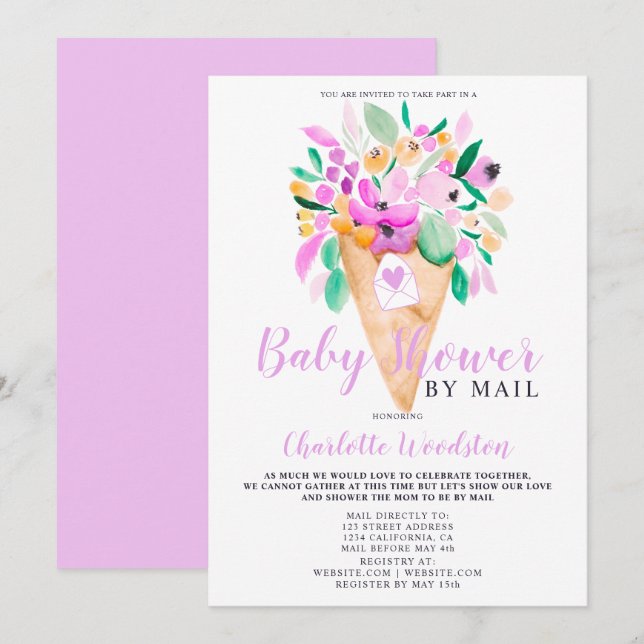 Invitation Baby shower d'aquarelle à la crème glacée florale  (Devant / Derrière)