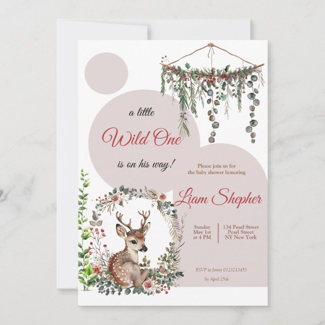 Invitation Baby shower d'aquarelle à thème forestier modifiab (Devant)